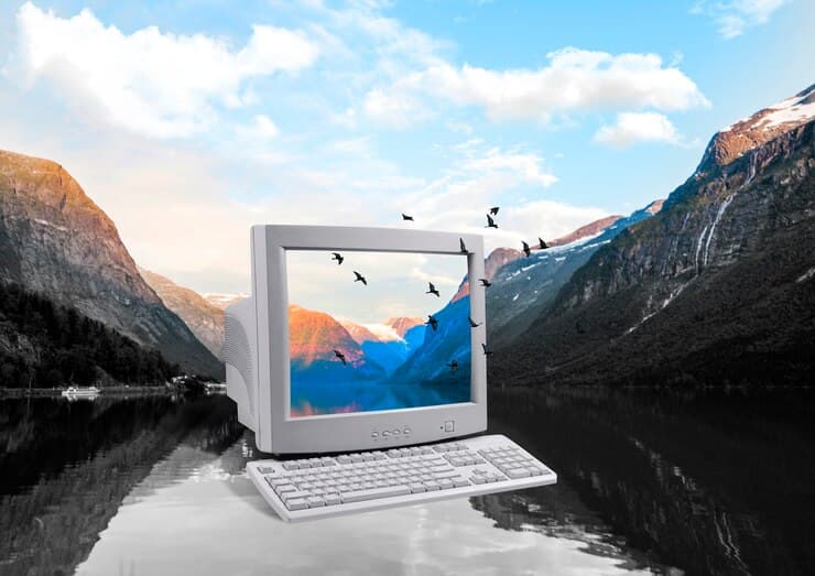 Computer on the Nature Background Collage